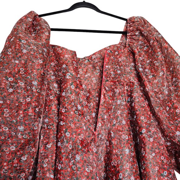 Selkie Princess Crimson Darling Red Floral Puff Sleeve Organza Mini Dress Size S - Picture 10 of 15
